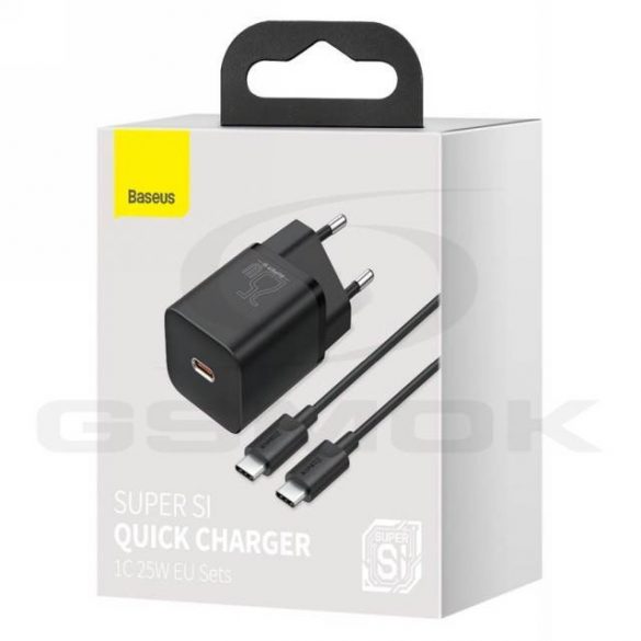 ÎNCĂRCĂTOR DE CĂLĂTORI BASEUS SUPER SI USB-C 25W QC PD + CABLU USB-C LA LA USB-C TZCCSUP-L01 NEGRU