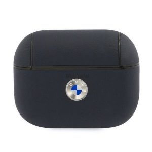 Husă BMW BMAPSSLNA AirPods Pro granatow/bleumarin din piele naturală Logo argintiu