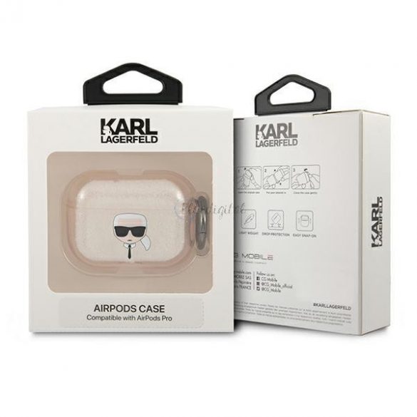 Karl Lagerfeld KLAPUKHGD Husa AirPods Pro auriu / auriu Glitter Karl's Head