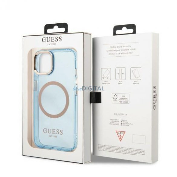 Guess GUHMP13MHTCMB Husă rigidă pentru iPhone 13 6,1" niebieski/albastru Gold Outline Translucent MagSafe