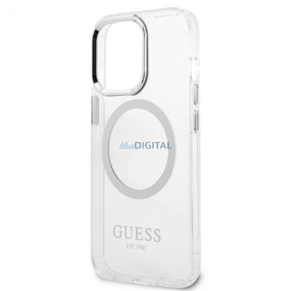 Husă rigidă Guess GUHMP13LHTRMS pentru iPhone 13 Pro / 13 6,1" srebrny/argintiu Metal Outline Magsafe