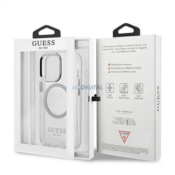 Husă rigidă Guess GUHMP13LHTRMS pentru iPhone 13 Pro / 13 6,1" srebrny/argintiu Metal Outline Magsafe