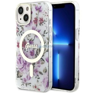 Guess GUHMP14SHCFWST Husă rigidă transparentă pentru iPhone 14 de 6,1 inchi Flower MagSafe