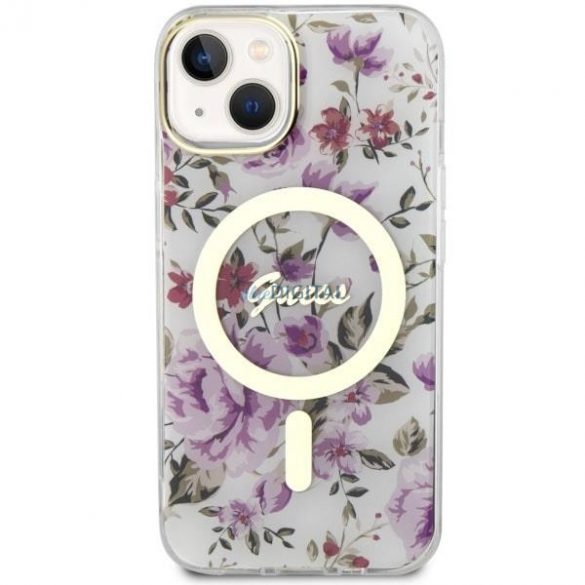 Guess GUHMP14SHCFWST Husă rigidă transparentă pentru iPhone 14 de 6,1 inchi Flower MagSafe