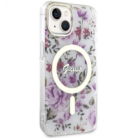 Guess GUHMP14SHCFWST Husă rigidă transparentă pentru iPhone 14 de 6,1 inchi Flower MagSafe