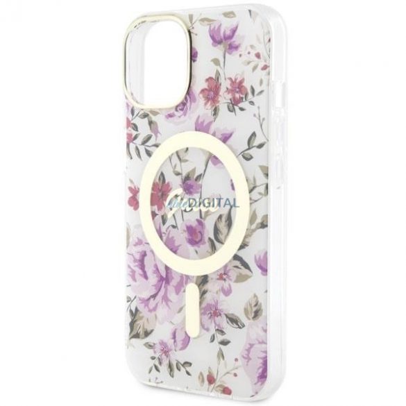 Guess GUHMP14SHCFWST Husă rigidă transparentă pentru iPhone 14 de 6,1 inchi Flower MagSafe