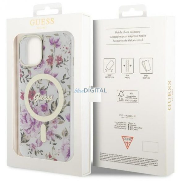 Guess GUHMP14SHCFWST Husă rigidă transparentă pentru iPhone 14 de 6,1 inchi Flower MagSafe