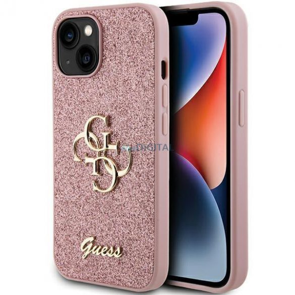 Etui Guess Glitter Script Big 4G pe iPhone 15 - rożowe