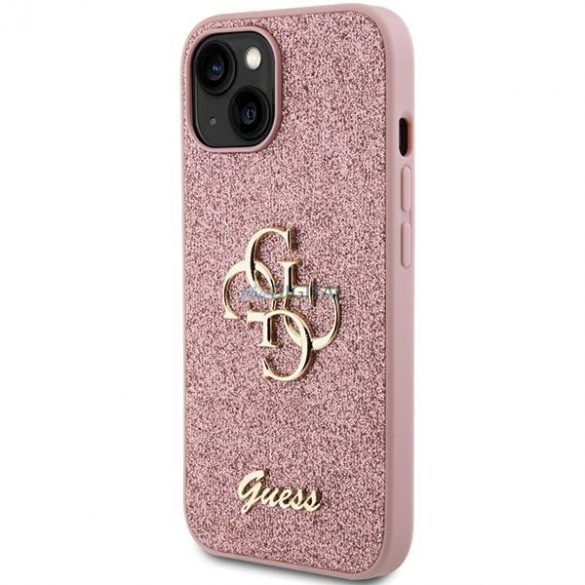 Etui Guess Glitter Script Big 4G pe iPhone 15 - rożowe