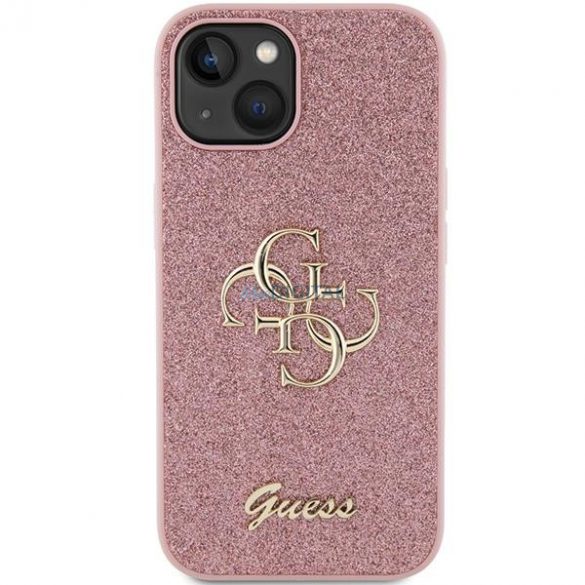 Etui Guess Glitter Script Big 4G pe iPhone 15 - rożowe