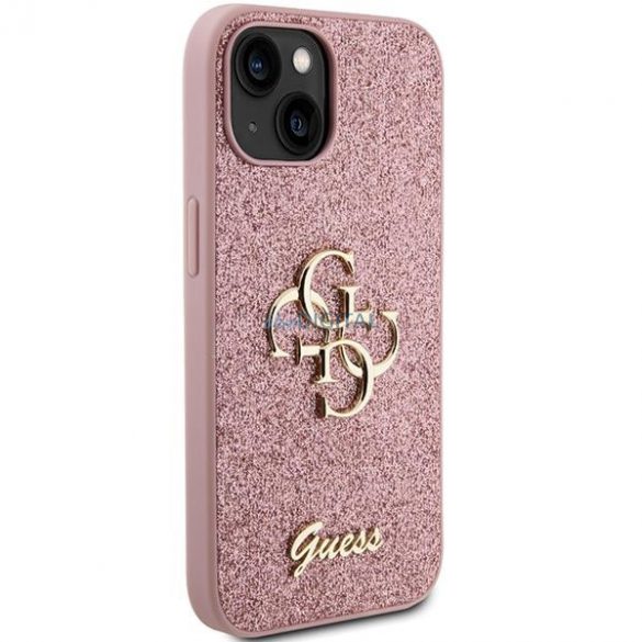 Etui Guess Glitter Script Big 4G pe iPhone 15 - rożowe