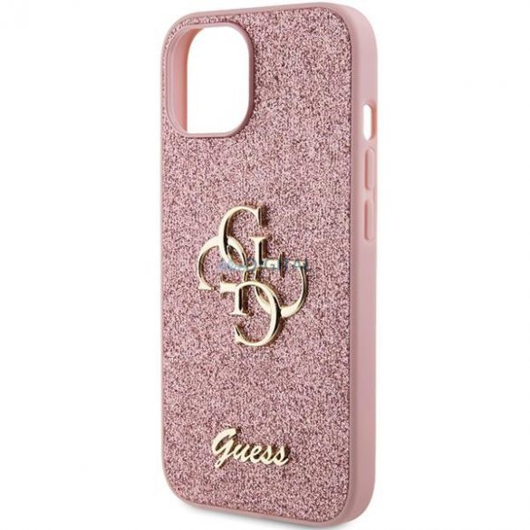 Etui Guess Glitter Script Big 4G pe iPhone 15 - rożowe