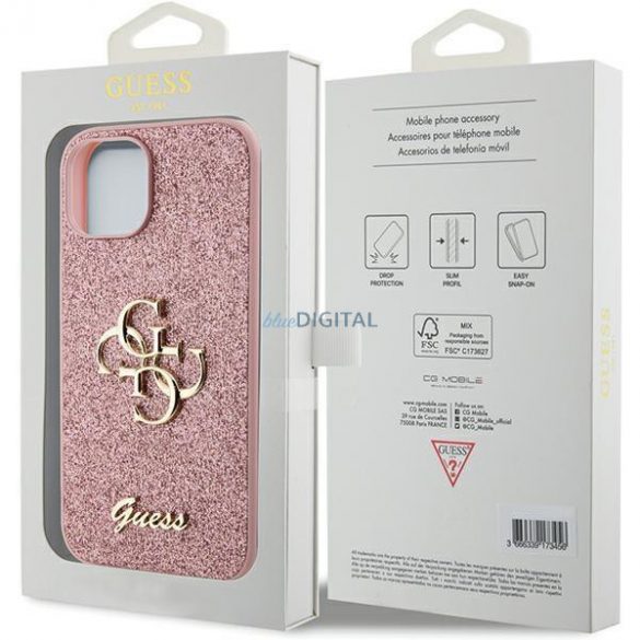 Etui Guess Glitter Script Big 4G pe iPhone 15 - rożowe