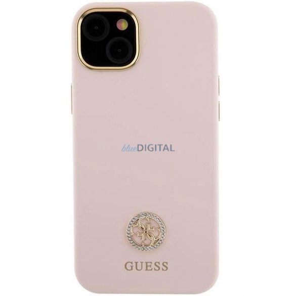 Husa Guess Silicone Logo Strass 4G pentru iPhone 15 - roz deschis