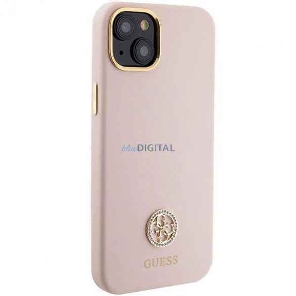 Husa Guess Silicone Logo Strass 4G pentru iPhone 15 - roz deschis