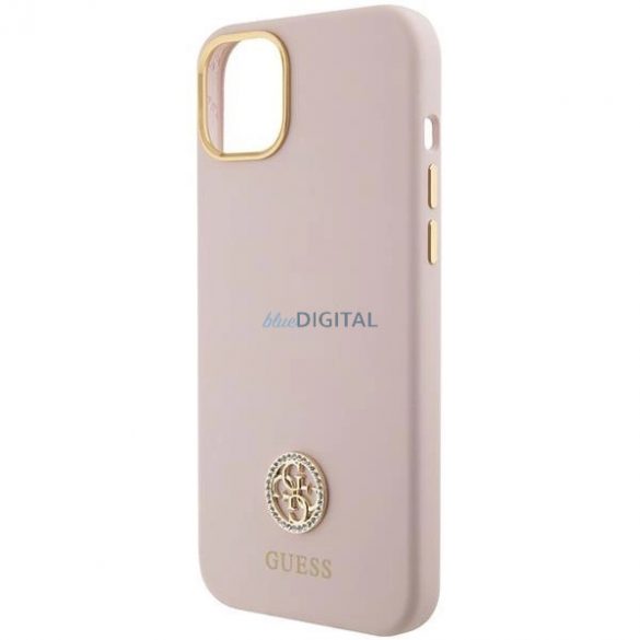 Husa Guess Silicone Logo Strass 4G pentru iPhone 15 - roz deschis