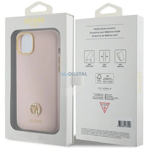 Husa Guess Silicone Logo Strass 4G pentru iPhone 15 - roz deschis