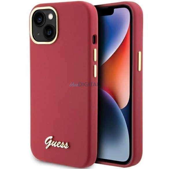 Husă Guess Silicone Script Metal Logo & Frame pentru iPhone 15 - roșu