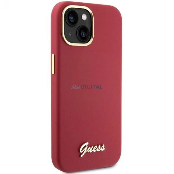 Husă Guess Silicone Script Metal Logo & Frame pentru iPhone 15 - roșu