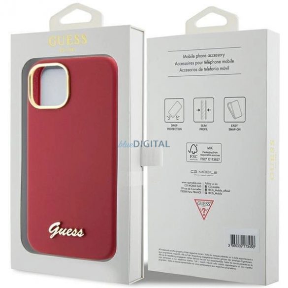 Husă Guess Silicone Script Metal Logo & Frame pentru iPhone 15 - roșu