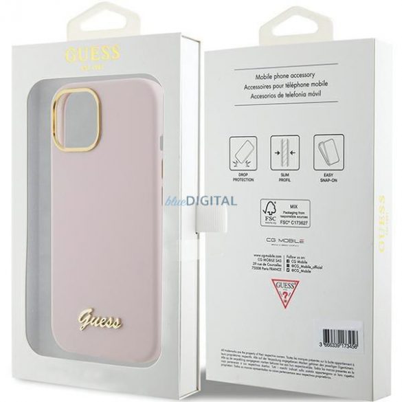 Guess GUHCP15SSMBSLP iPhone 15 6.1" roz/roz Husă rigidă Silicone Script Metal Logo & Frame