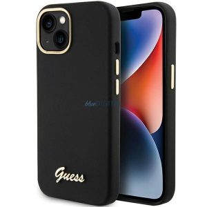 Husă Guess Silicone Script Metal Logo & Frame pentru iPhone 15 - neagră