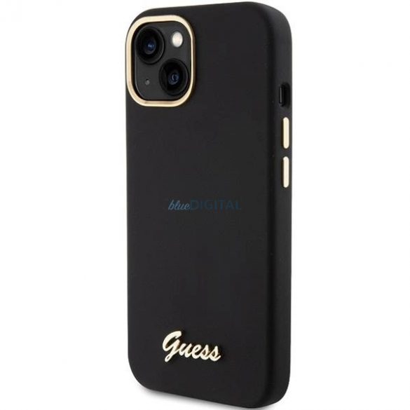 Husă Guess Silicone Script Metal Logo & Frame pentru iPhone 15 - neagră