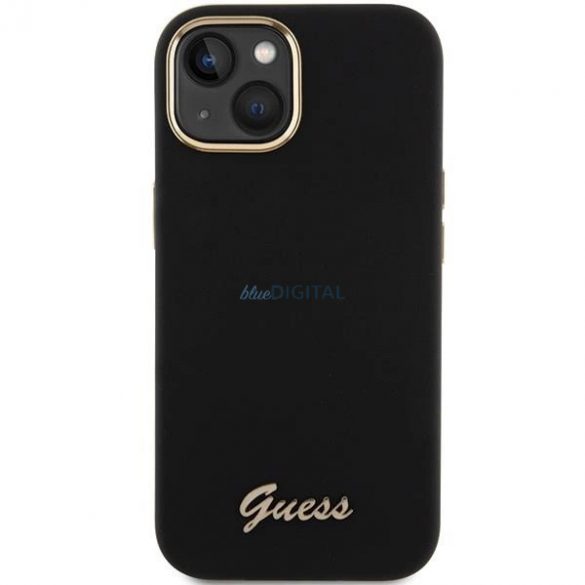 Husă Guess Silicone Script Metal Logo & Frame pentru iPhone 15 - neagră