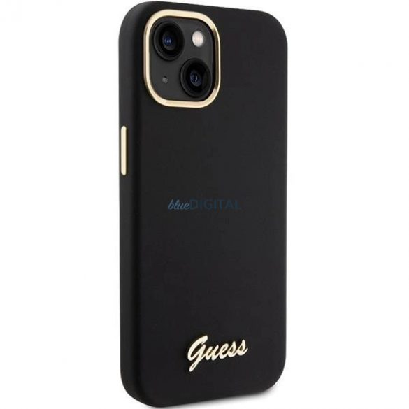 Husă Guess Silicone Script Metal Logo & Frame pentru iPhone 15 - neagră