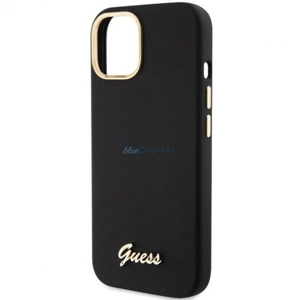 Husă Guess Silicone Script Metal Logo & Frame pentru iPhone 15 - neagră