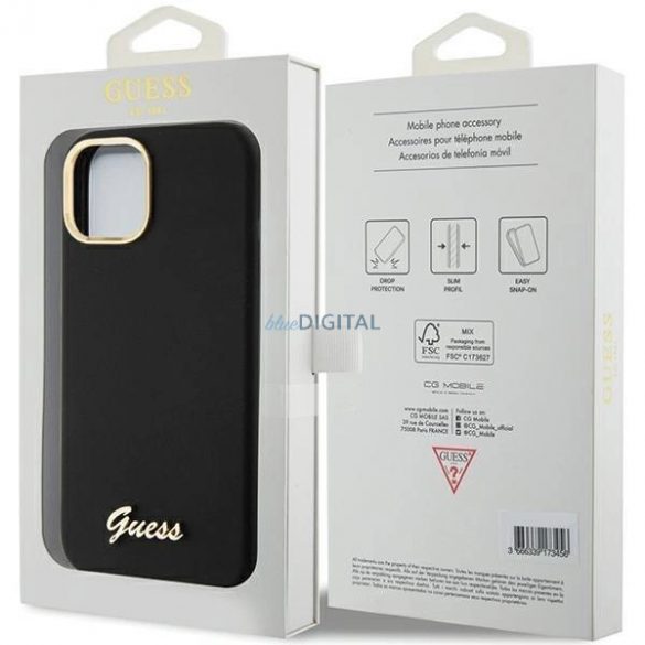 Husă Guess Silicone Script Metal Logo & Frame pentru iPhone 15 - neagră