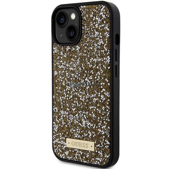 Etui Guess Rhinestone Metal Logo pe iPhone 15 - zółte