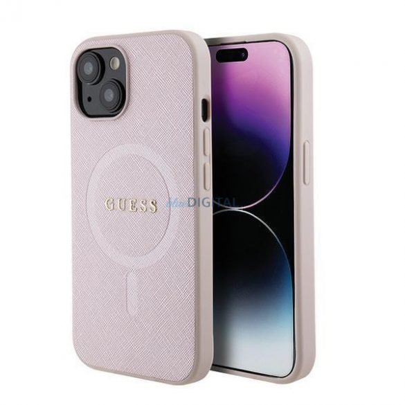 Husă rigidă Guess GUHMP15SPSAHMCP iPhone 15 de 6,1" roz/roz Saffiano MagSafe