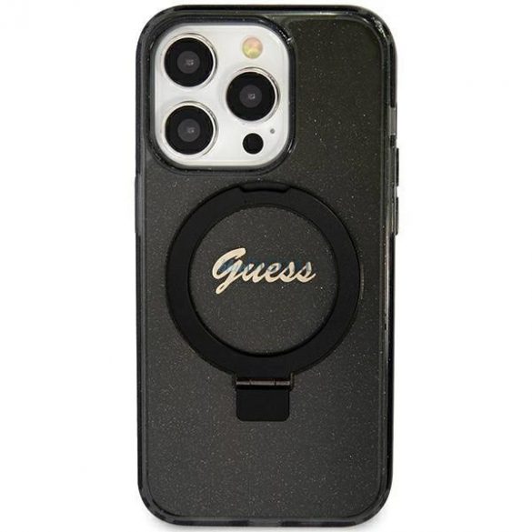 Husă Guess Ring Stand Script Glitter MagSafe pentru iPhone 11 / Xr - neagră