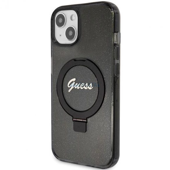 Husă Guess Ring Stand Script Glitter MagSafe pentru iPhone 13 / 14 / 15 - neagră