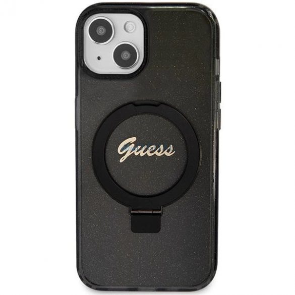 Husă Guess Ring Stand Script Glitter MagSafe pentru iPhone 13 / 14 / 15 - neagră