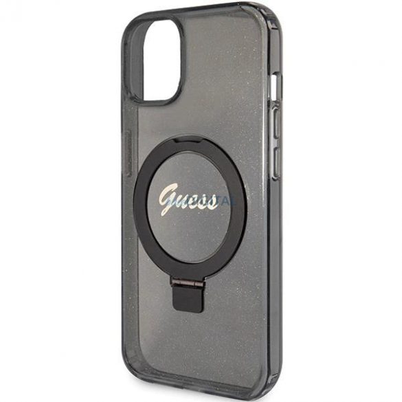 Husă Guess Ring Stand Script Glitter MagSafe pentru iPhone 13 / 14 / 15 - neagră