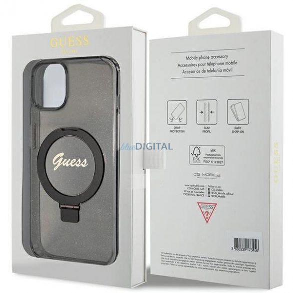 Husă Guess Ring Stand Script Glitter MagSafe pentru iPhone 13 / 14 / 15 - neagră