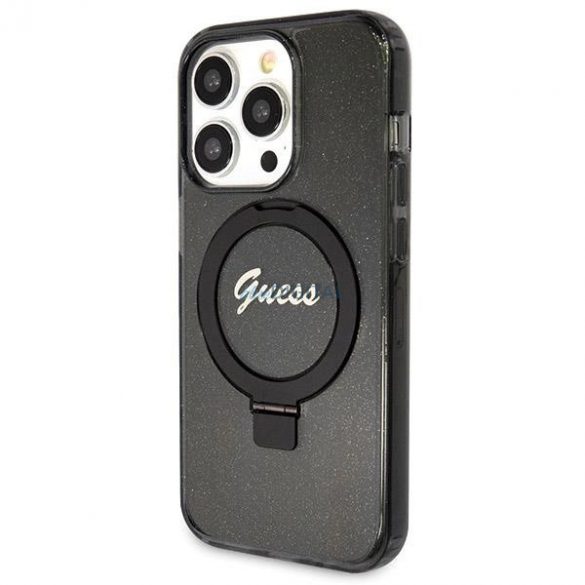 Husă Guess Ring Stand Script Glitter MagSafe pentru iPhone 13 Pro / 13 - neagră