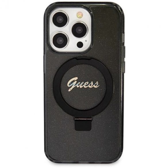 Husă Guess Ring Stand Script Glitter MagSafe pentru iPhone 13 Pro / 13 - neagră