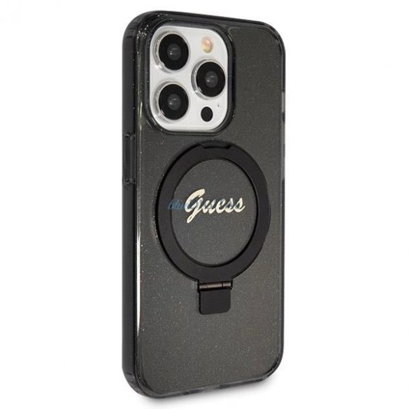 Husă Guess Ring Stand Script Glitter MagSafe pentru iPhone 13 Pro / 13 - neagră