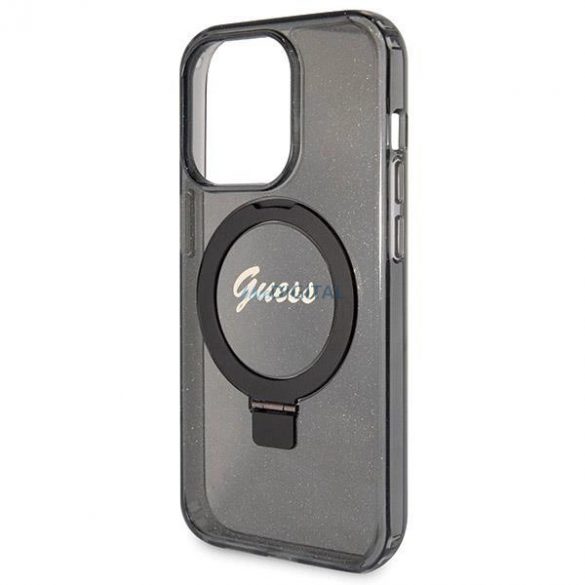 Husă Guess Ring Stand Script Glitter MagSafe pentru iPhone 13 Pro / 13 - neagră