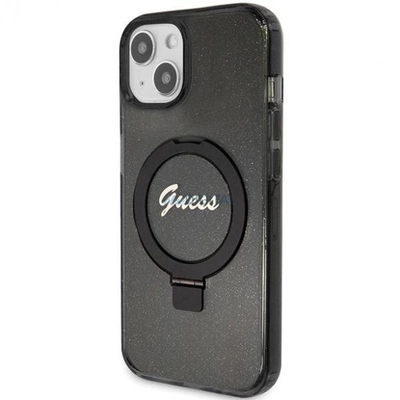 Husă Guess Ring Stand Script Glitter MagSafe pentru iPhone 15 - neagră