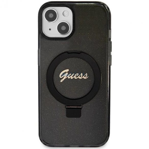 Husă Guess Ring Stand Script Glitter MagSafe pentru iPhone 15 - neagră