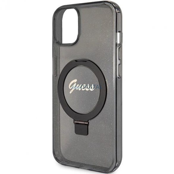 Husă Guess Ring Stand Script Glitter MagSafe pentru iPhone 15 - neagră