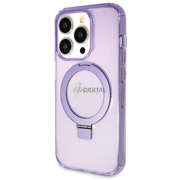 Husă Guess Ring Stand Script Glitter MagSafe pentru iPhone 13 Pro / 13 - violet