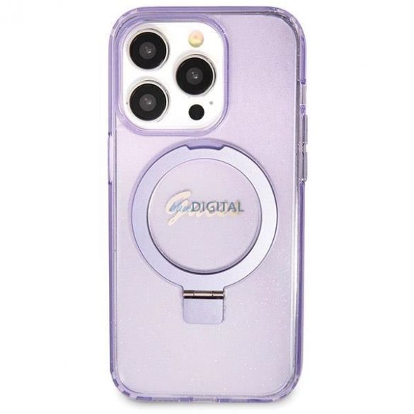 Husă Guess Ring Stand Script Glitter MagSafe pentru iPhone 13 Pro / 13 - violet