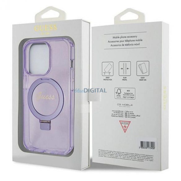 Husă Guess Ring Stand Script Glitter MagSafe pentru iPhone 13 Pro / 13 - violet