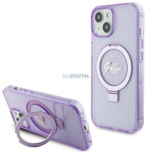 Husă Guess Ring Stand Script Glitter MagSafe pentru iPhone 15 - violet