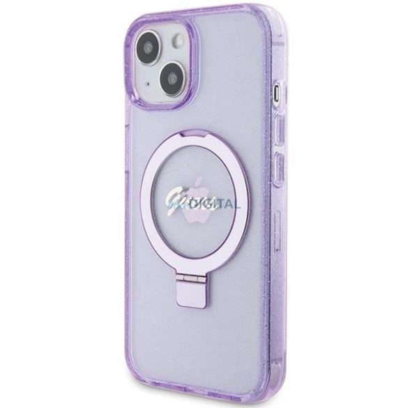 Husă Guess Ring Stand Script Glitter MagSafe pentru iPhone 15 - violet